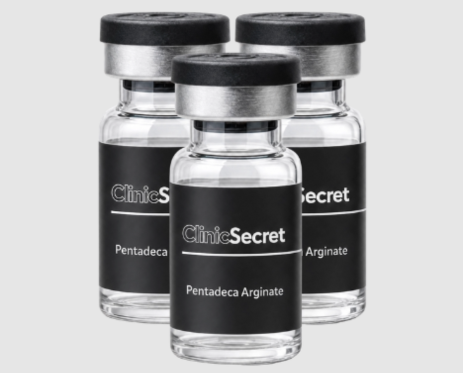 Three vials of Clinic Secret GLP-1 Weight Loss Treatments containing Pentadeca Arginate
