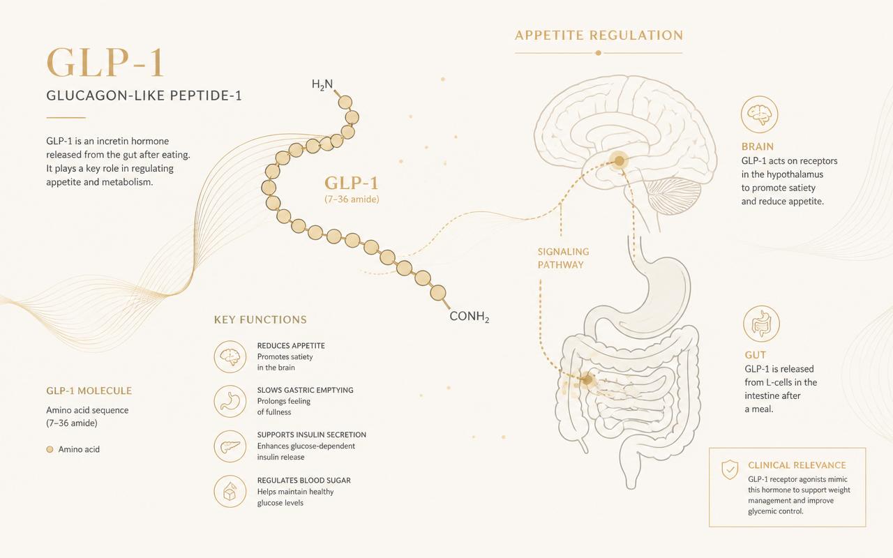 Illustration of the GLP-1 hormone pathway and how Clinic Secret GLP-1 supports appetite regulation